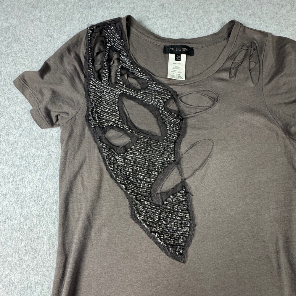 MM Couture by Miss Me Gray Distressed Beaded Cutout Top MMCT1128 Small - Picture 3 of 5